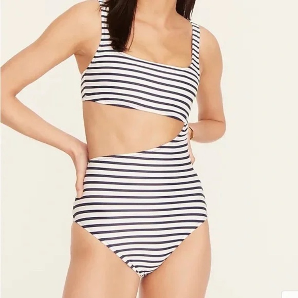 J. Crew Striped Cutout One-Piece Swimsuit Navy White Stripes Womens 8 EUC AD